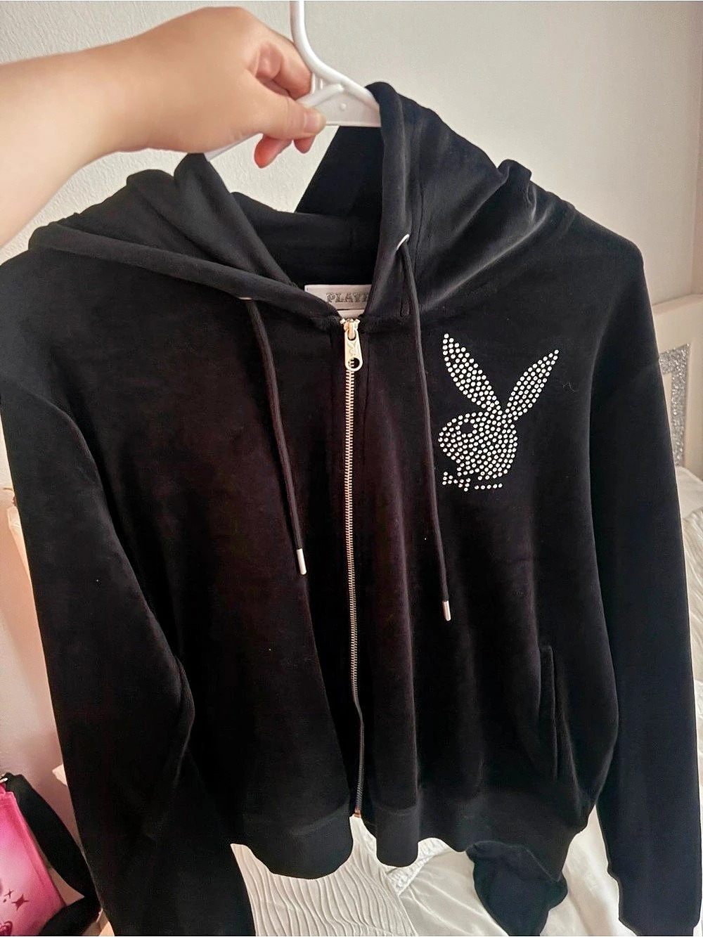 Playboy Black Zip Hoodie Rhinestone Bunny